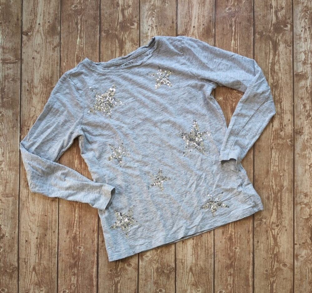 Talbot's Gray Long-Sleeved Top Sequined Stars Tee - Size PS - T-shirt - Petite